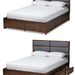 Storage Platform Bed, Queen, Grey and Walnut Brown