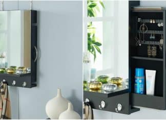 Black Cabinet Mirror with Hidden Sliding Jewelry Door and Hanging Hooks
