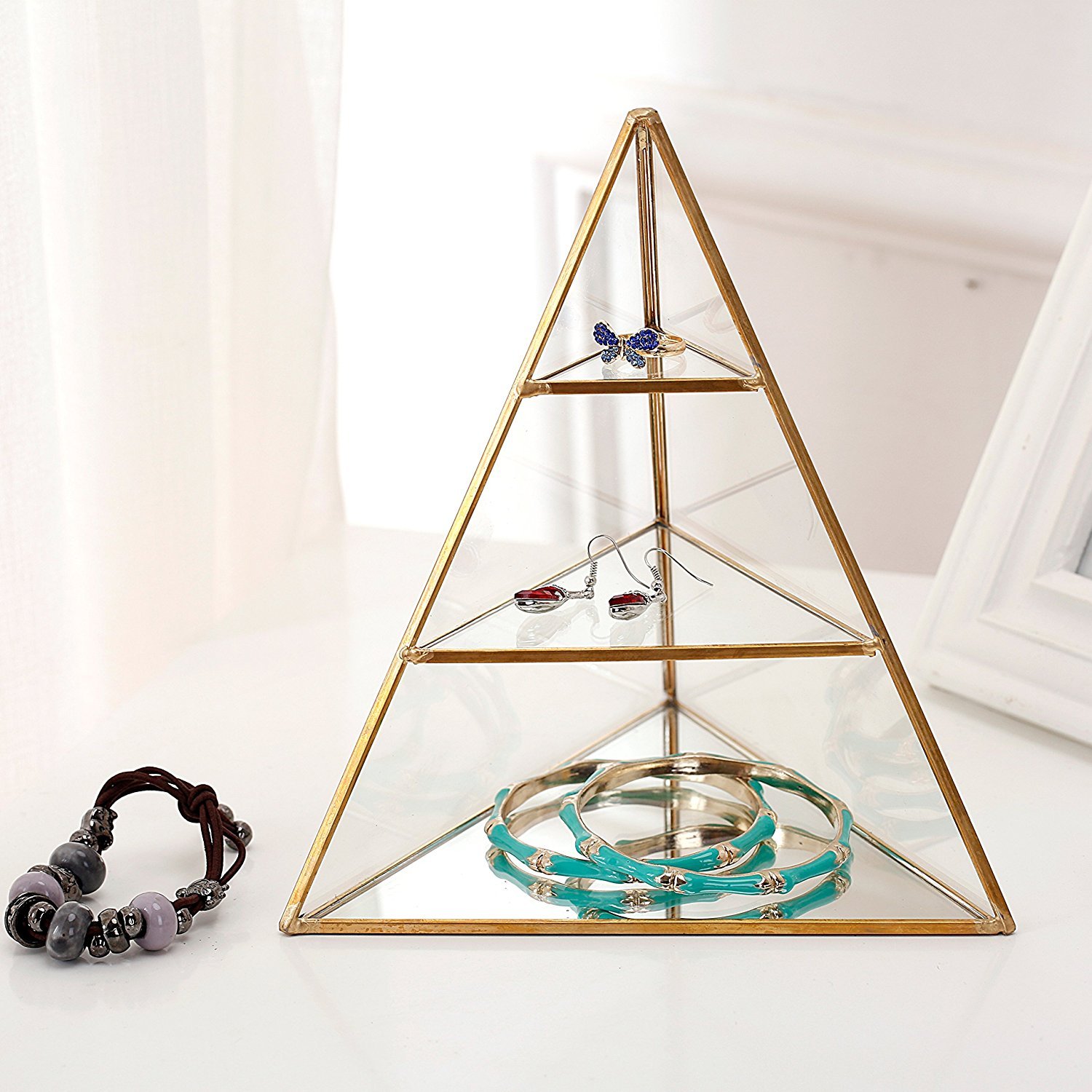 3 Tier Glass Pyramid Jewelry Stand Display Case with Vintage Style Brass Tone Metal Frame