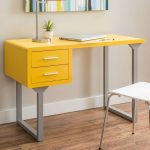 Modern Retro Style Yellow and Gray Writing Desk with 2 Storage Drawers