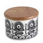 Creative Co-op Ceramic Jar with Bamboo Lid and Black-White Floral Design, Multicolor, Small