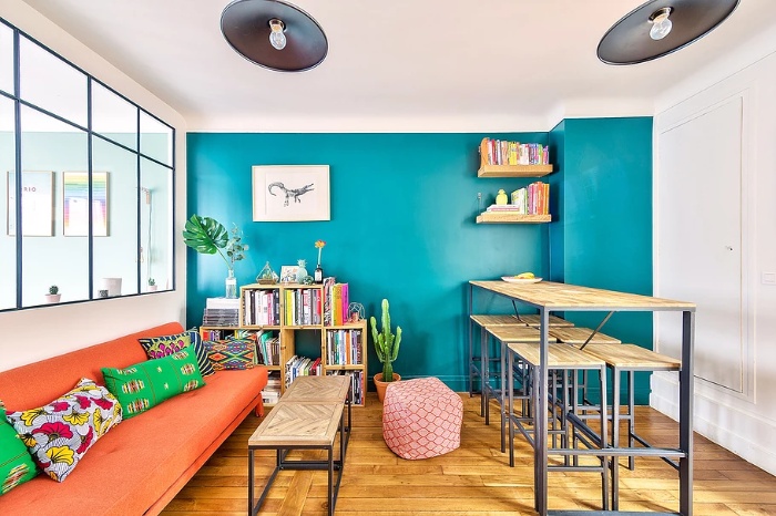 exotic green apartment 8 - This Small Parisian Studio Apartment Is an Explosion of Vibrant Colors