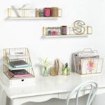 2-Pack Wood and Metal Floating Wall Shelves, 24 inch, White and Gold