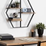 Hexagon Shaped Floating Wood Wall Shelf with Black Metal Frame