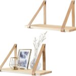 Mkono Hanging Shelf Wall Wood Floating Storage Shelves Leather Strap