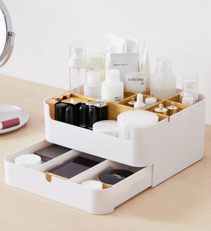 Zen S Bamboo Makeup Organizer Drawer Large Size Multipurpose White