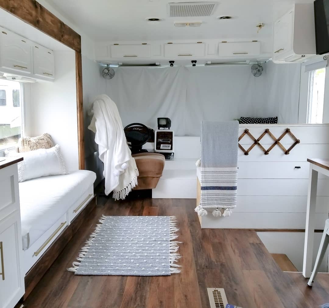 white motorhome - Family of Four Lives Full-Time in This Stylish and Well Organized Motorhome