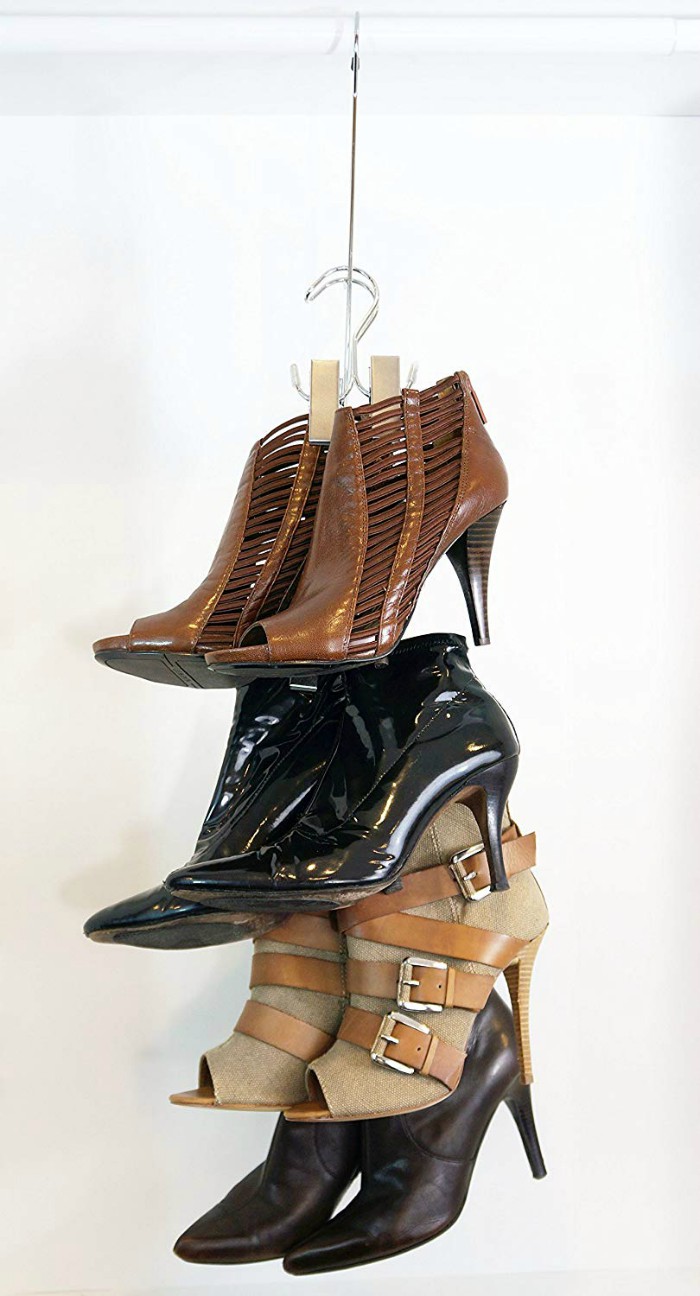 Boottique Vertical Hanging Boot Rack with Rod that Swivels and 6 Boot Hangers, Silver