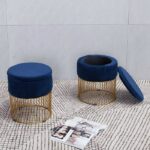 Simhoo Velvet Upholstered Round Vanity Stool Dressing Makeup Piano Stool with Metal Base-Blue