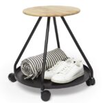 Umbra Shift 1010206-045 Hover Stool with Caster Wheels and Storage, Black Powder-Coated Steel, Natural Ash Wood Seat
