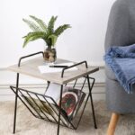 ZHIRONG Black Metal Magazine Rack Side Table Wood Effect Top