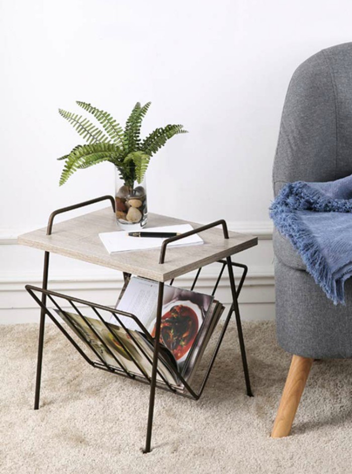 ZHIRONG Black Metal Magazine Rack Side Table Wood Effect Top