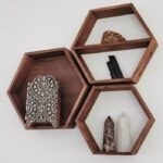 American Walnut Designer Hexagon Shelf, Set of Three Wall Shelves, Kitchen Storage Crystals or Essential Oils, Geometric Farm Home Decor Wall Art, Floating Shelf Display Honeycomb, hexegon