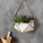 MyGift Geometric Wall Hanging White Ceramic Planter with Gold Tone Metal Frame