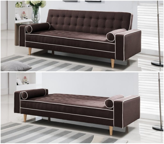 Brown midcentury sleeper sofa with white accents