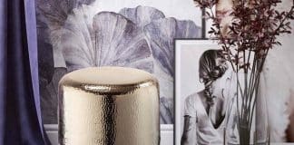 gold metal and purple glass side table