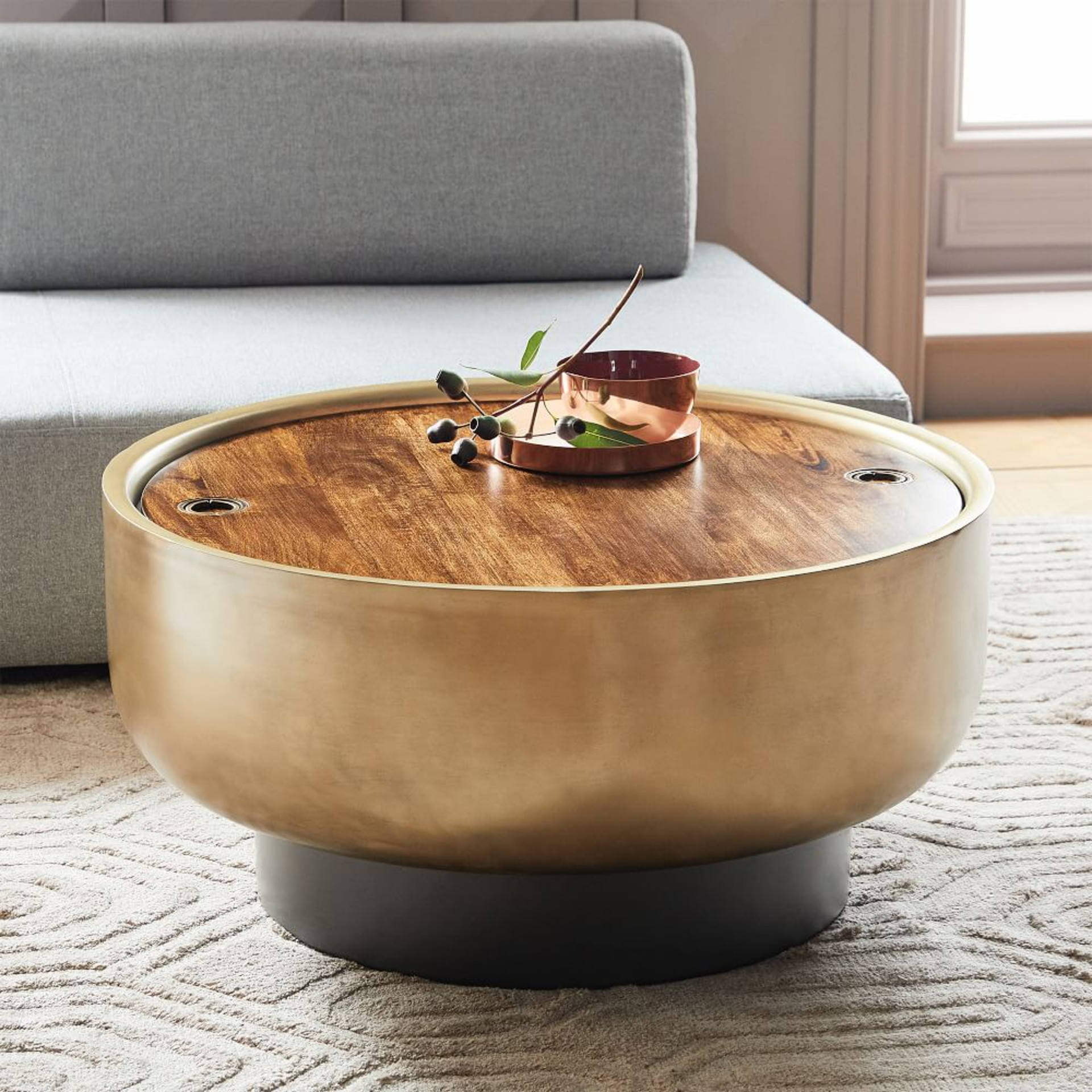 drum storage coffee table h2557 202218 0027 drum storage coffee table z - 30 Stylish Coffee Tables With Storage to Keep Your Living Space Clutter-Free