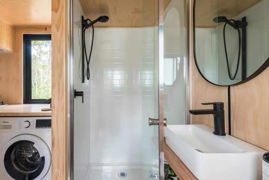 tiny house australia wildscape model shower view - This Multi-Dimensional Tiny House Redefines Small-Space Living