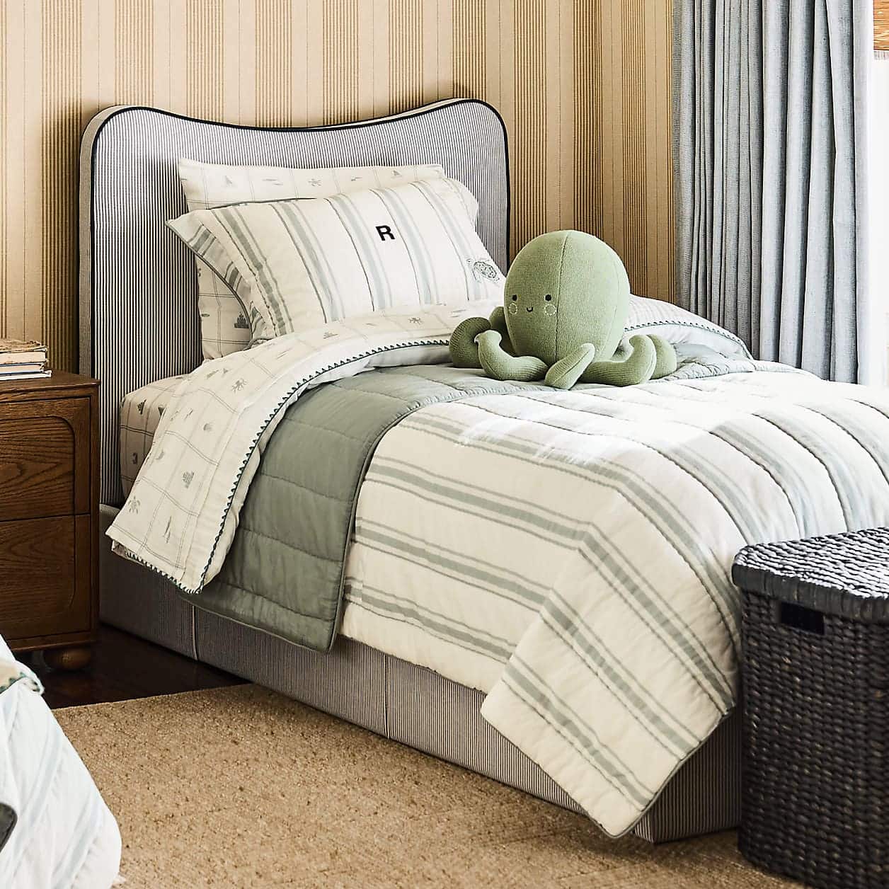 Everette Ocean Green Upholstered Kids Twin Bed by Jake Arnold - Coastal Charm Meets Old Hollywood in Jake Arnold’s Latest Crate & Barrel Collections
