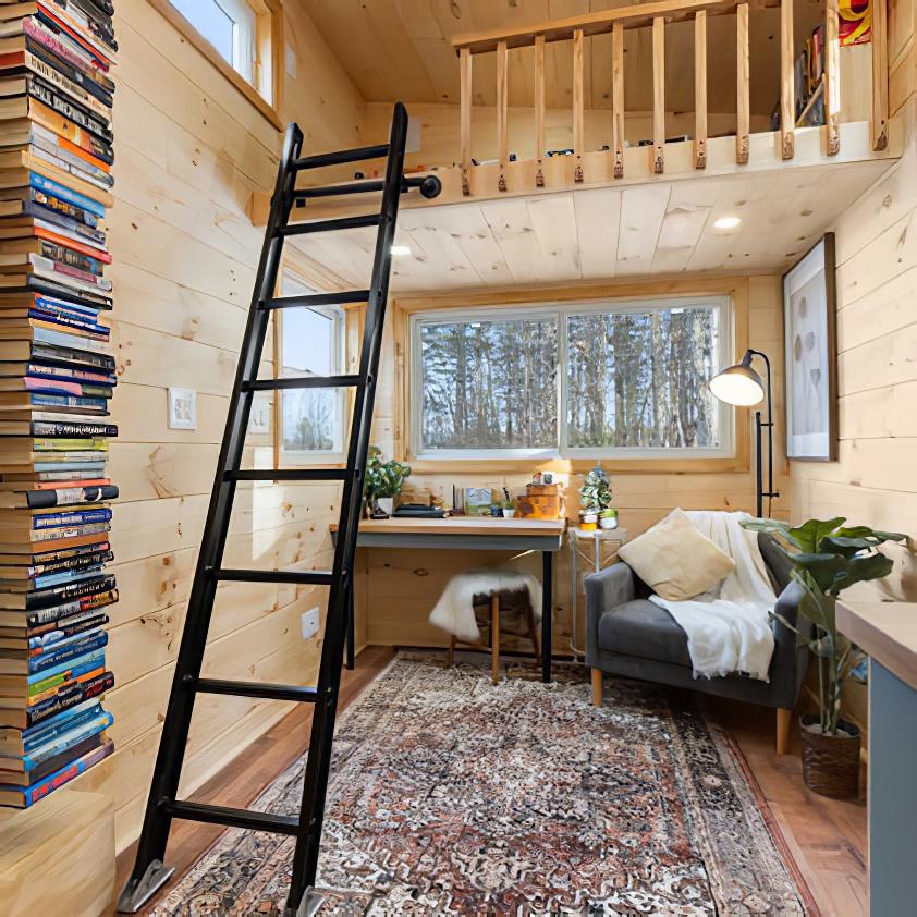 Cozy room with wood-paneled walls, a black ladder leading to a loft, a wall-mounted stack of books, a windowed desk, a gray armchair with a blanket, plants, and a patterned rug on the floor.