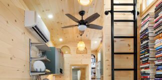 A cozy, modern tiny house interior with wooden walls and floors. A kitchen with shelves and appliances is on the left, a ladder leads to a loft, and a wall-mounted bookshelf filled with books is on the right.