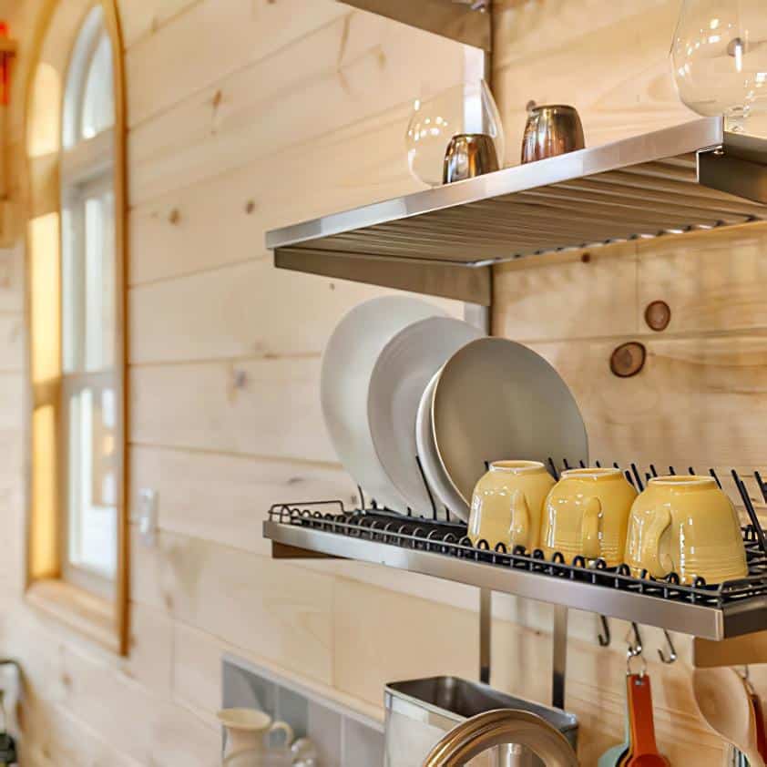 A metal dish rack holds plates and yellow mugs on a wooden kitchen wall, with shelves above holding glassware and a teapot, next to a window with natural light.