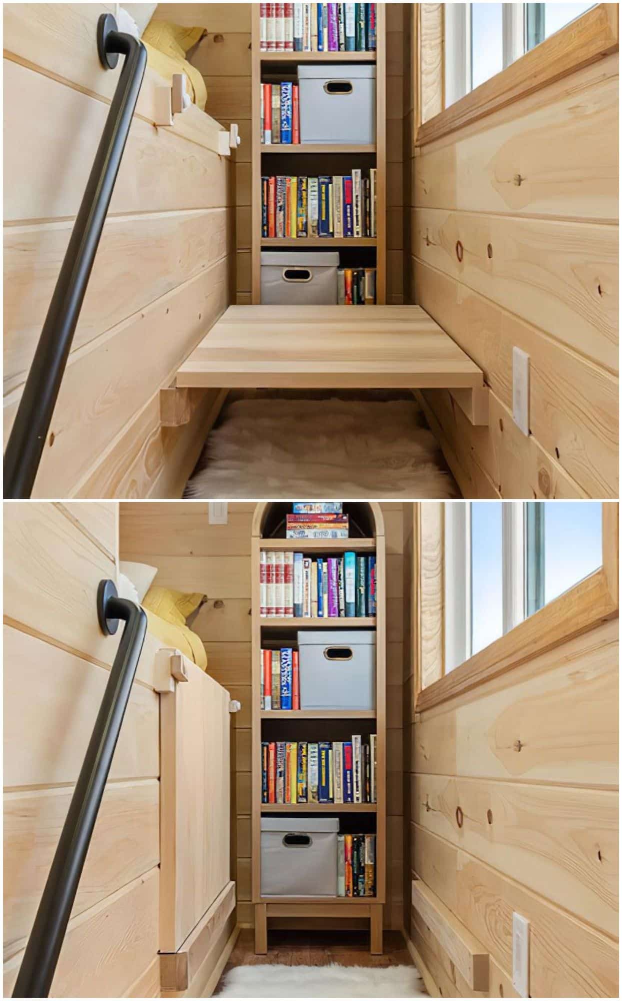 Two images show a small wooden corridor with a bookshelf at the end. The first image has a step blocking the path, while the second shows the step folded away, creating a clear walkway to the bookshelf.