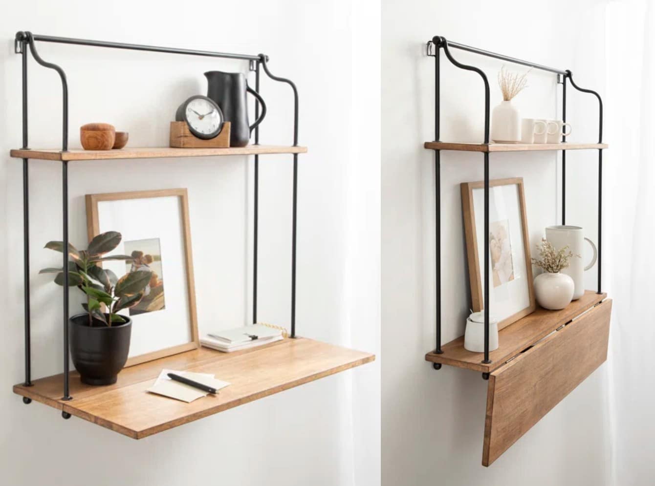 Two views of a wall-mounted shelf with black metal supports and wooden surfaces; one shows the bottom shelf folded down as a desk, holding a plant, frame, and notebook, the other shows it folded up, used as extra shelf space.