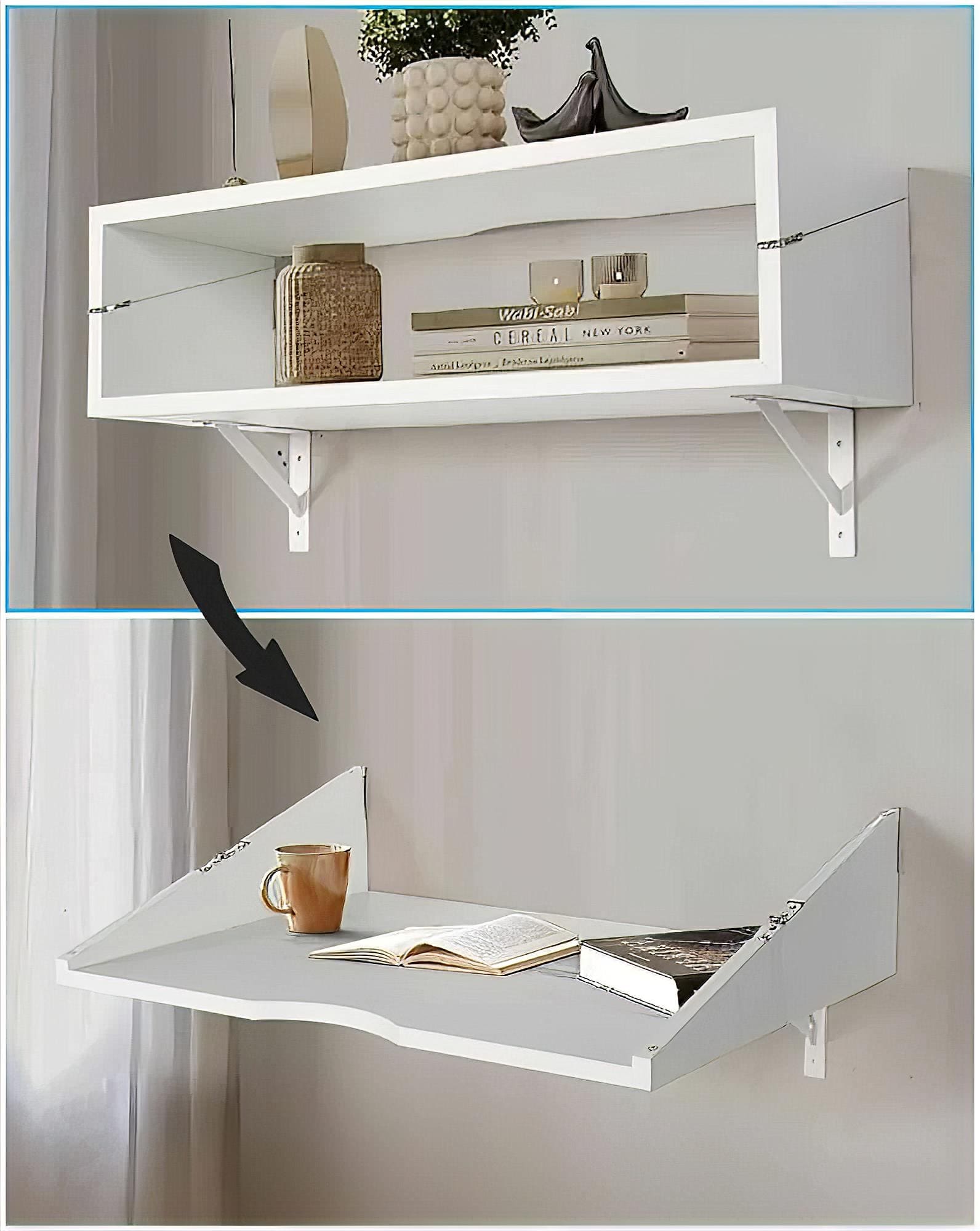 A white wall-mounted shelf with books and decor transforms into a fold-down desk, shown with a mug and an open notebook on its surface.