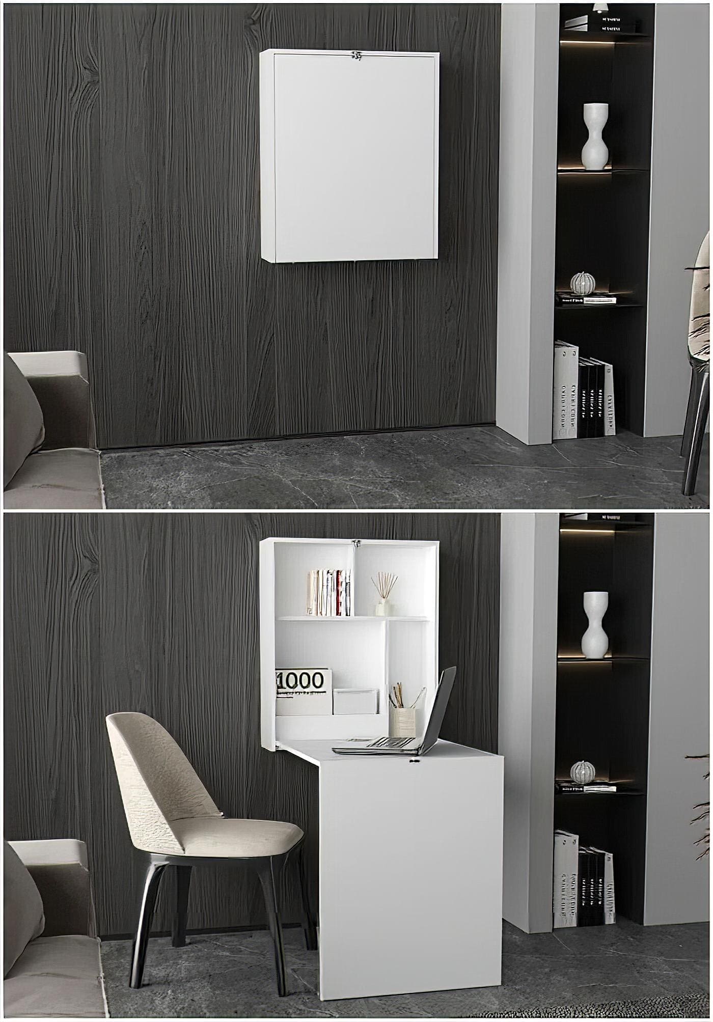 A modern, compact wall-mounted white cabinet is shown closed in the top image and opened in the bottom image, transforming into a small workspace with shelves, a laptop, and a beige chair in front.