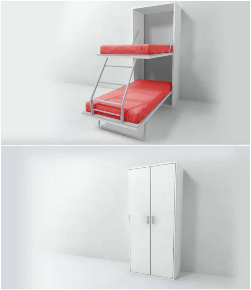 A white wall bed unit is shown: in the first image, it is unfolded as a bunk bed with red mattresses; in the second image, it is folded up, resembling a closed white cabinet.