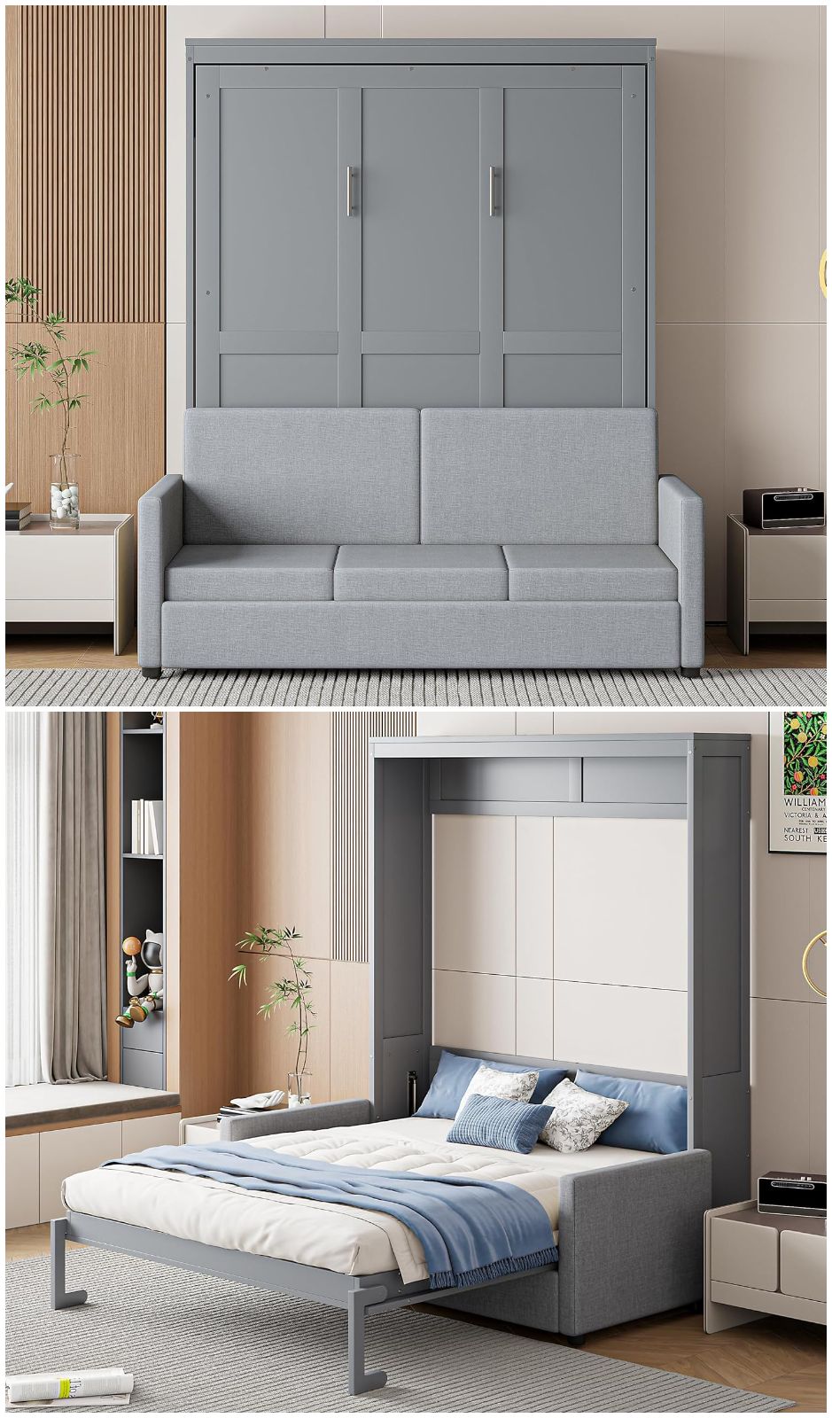 Two images show a modern gray murphy bed with a sofa. The top image has the bed folded up, appearing as a wall unit with a sofa. The bottom image shows the bed pulled down, covering the sofa and set up for sleeping.