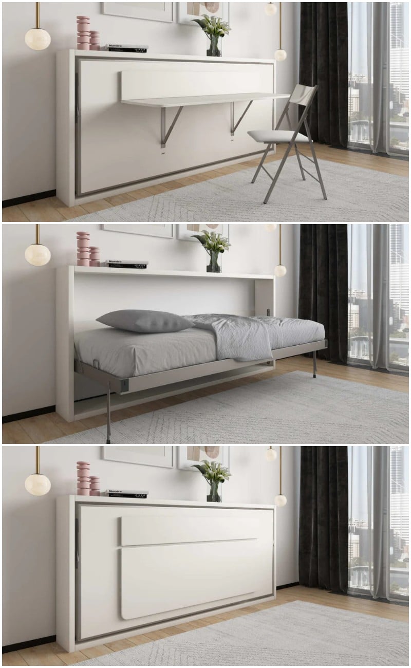 Three images show a modern white wall unit transforming from a closed cabinet, to a pull-down bed with gray bedding, and then to a desk setup with a chair. The unit is in a bright room with large windows and curtains.