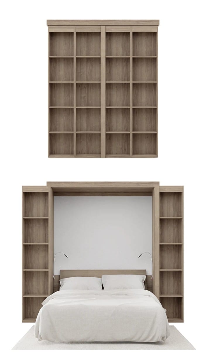 A wall bed with built-in wooden bookshelves; when closed, it looks like a bookshelf, and when open, it reveals a neatly made bed with reading lamps on each side.