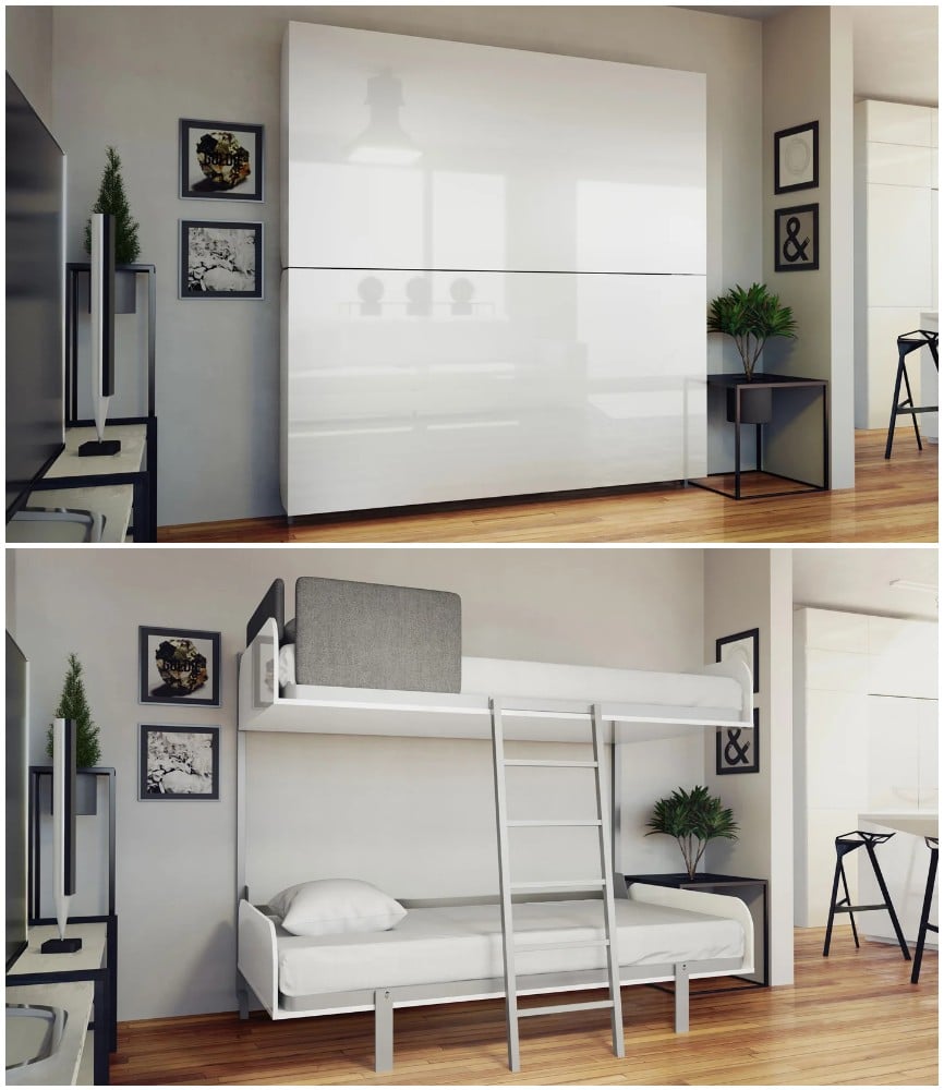 Two images of the same modern room: the top shows a glossy white wall unit, and the bottom shows it transformed into a pull-down bunk bed with a ladder, surrounded by minimalist decor and wooden floors.