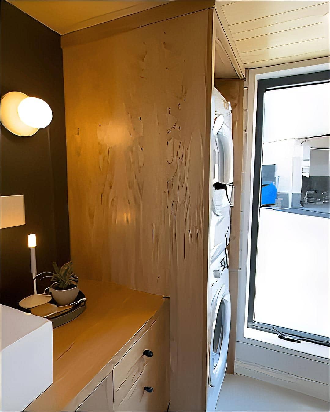 A modern laundry room in a tiny house features wooden cabinets, a stacked washer and dryer, a window letting in natural light, a small plant, a candle, and a round wall light above the counter.