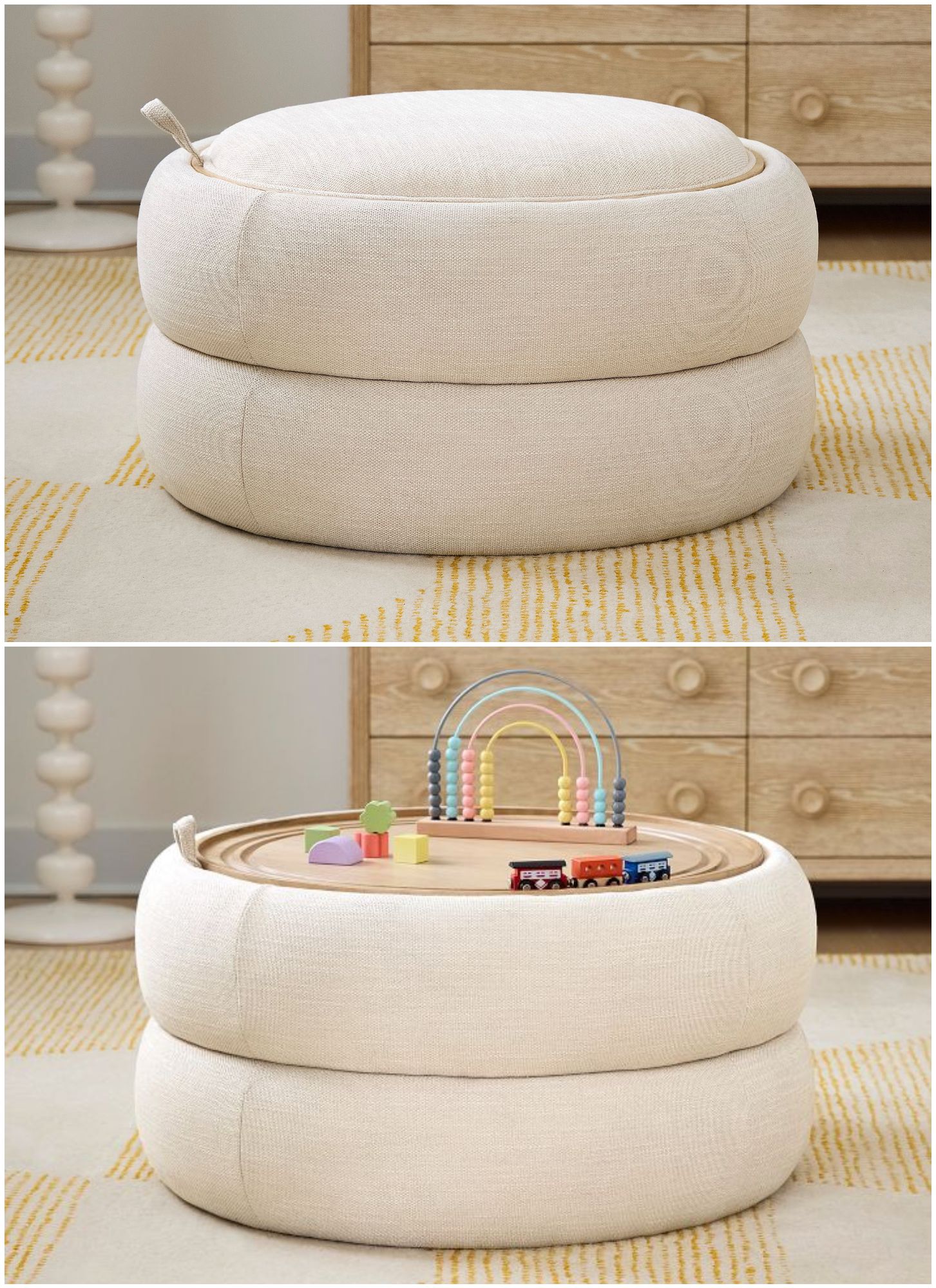 A beige ottoman is shown closed in the top image and opened in the bottom image to reveal a hidden play area with colorful toys. The ottoman sits on a patterned rug in a cozy room.