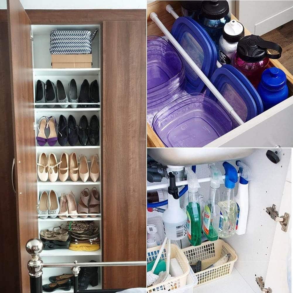A collage of three organized spaces: a closet with neatly arranged shoes and boxes, a drawer with stacked food containers and bottles, and a cabinet with cleaning supplies and baskets—perfect inspiration for storage renters.