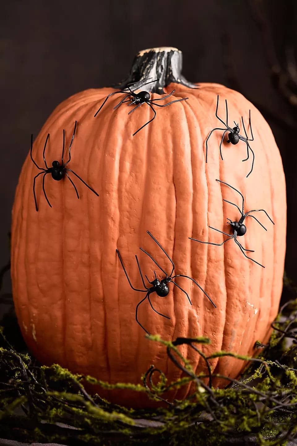A large orange pumpkin with six black plastic spiders crawling on its surface, perfect for halloween decor, set on a bed of green moss and twigs against a dark background.