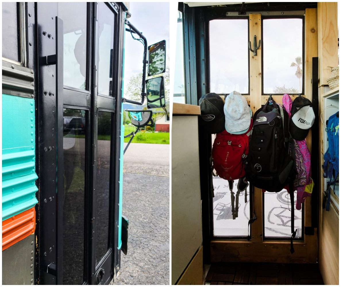 Split image: left side shows the exterior door of a skoolie; right side reveals the interior view of the same door with several hats and backpacks hanging from hooks.