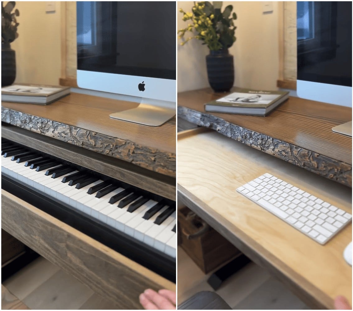 Split image: On the left, a hand slides out a drawer beneath a computer desk to reveal a piano keyboard—a clever tiny house solution. On the right, the same drawer is closed and holds a computer keyboard. A plant and book are also on the desk.