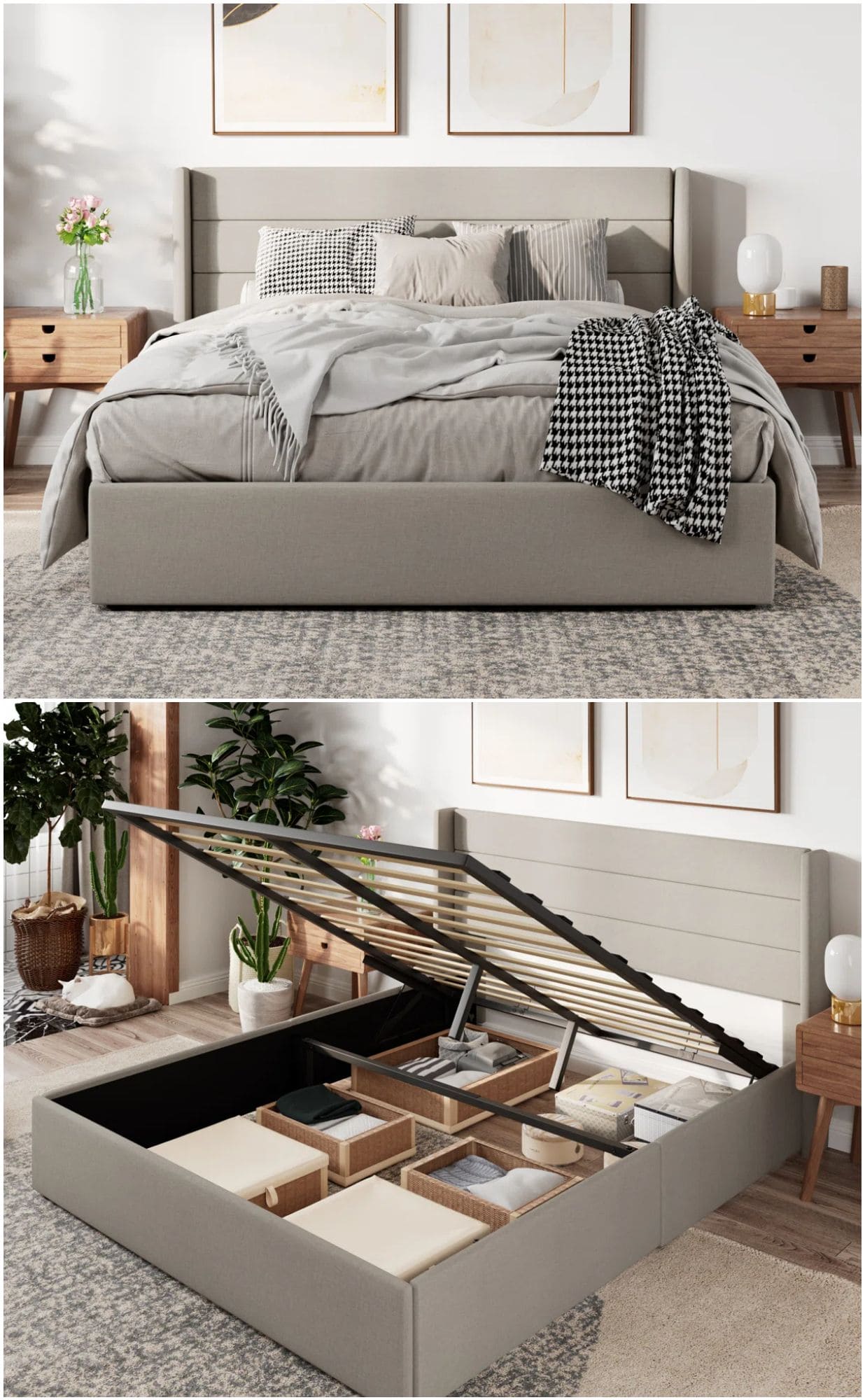 A modern upholstered storage bed in a neutral room; the top image shows the bed neatly made, while the bottom image reveals the mattress lifted to showcase organized storage compartments underneath.