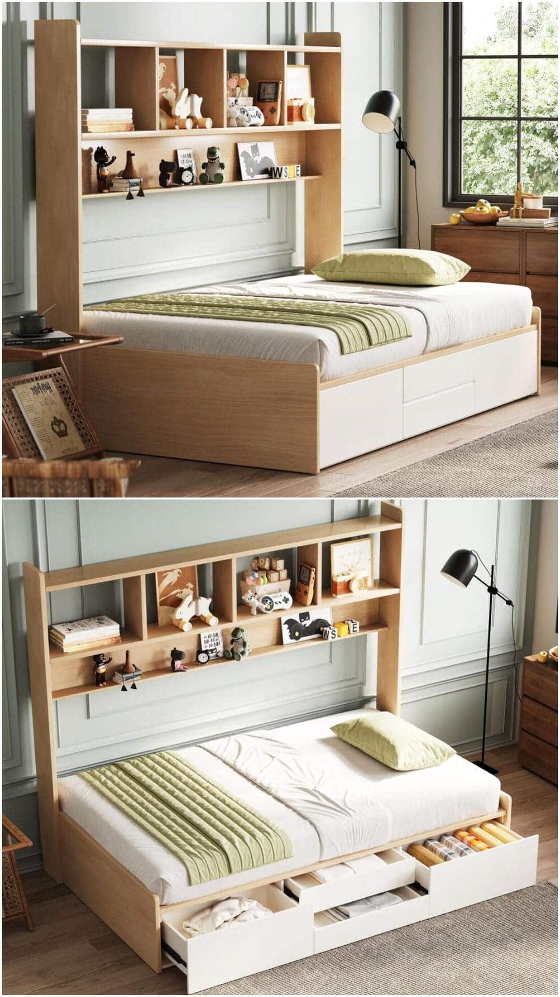 A modern storage bed features shelves in the headboard for books and toys, with drawers underneath for organized storage. Natural light streams through a window, and a floor lamp stands nearby.